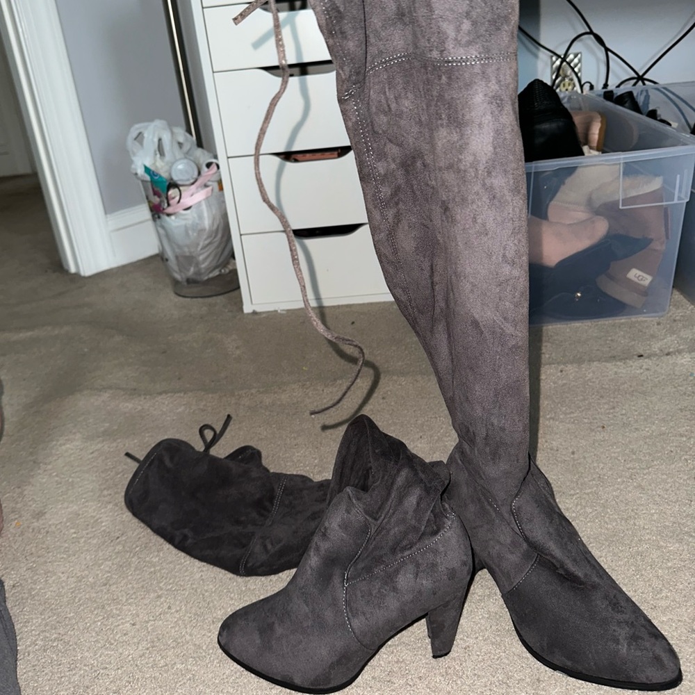 Taupe suede thigh high boots